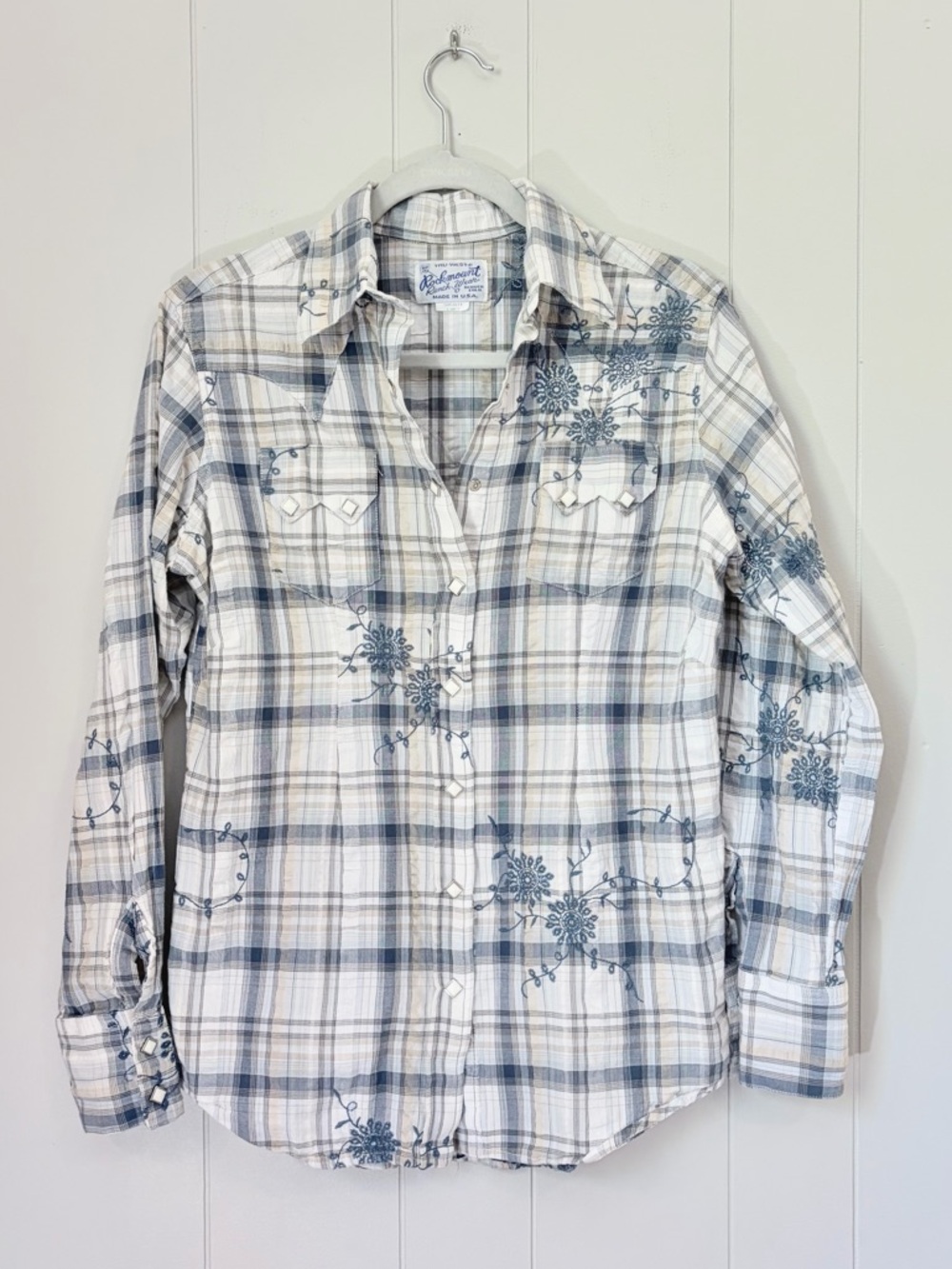 Rockmount Ranch Wear Blue White Plaid Western Button Down Shirt Embroidered Sz L